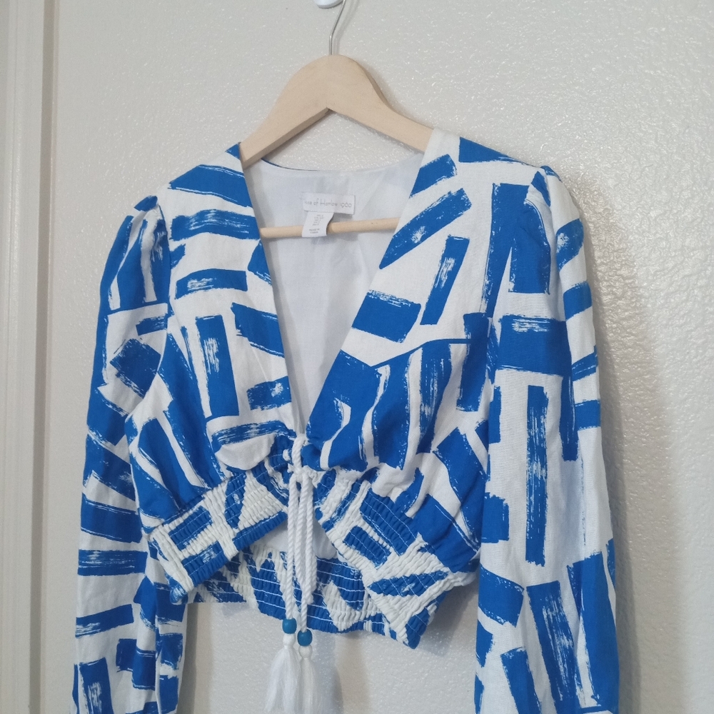 House Of Harlow 1960 Cropped Tassel Beaded Blue & White Top Small - Picture 7 of 8